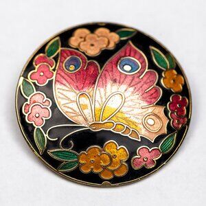 Vintage Cloisonne Enamel Butterfly Floral Round Brooch Pin Gold Tone